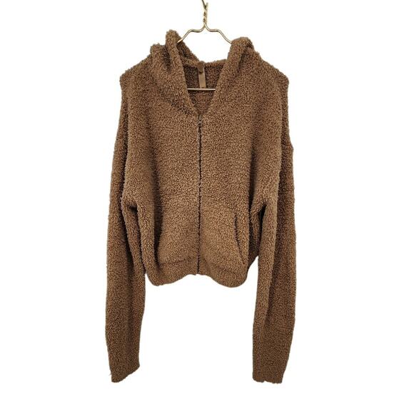 Skims Teddy Brown Crop Full Zip‎ Hoodie Comfy Soft Sweater Size L/XL - Picture 1 of 8